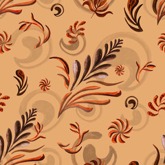 Watercolour autumn leaves ornament pattern. Luxury ornametal painting. Gentle brown seamless illustration