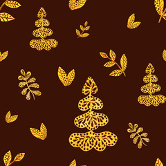 Watercolour autumn leaves ornament pattern. Luxury ornametal painting. Gentle brown seamless illustration