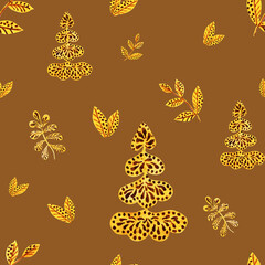 Watercolour autumn leaves ornament pattern. Luxury ornametal painting. Gentle brown seamless illustration