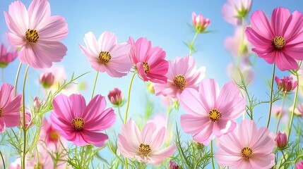 Fototapeta premium Beautiful pink cosmos flowers bloom under a blue sky.