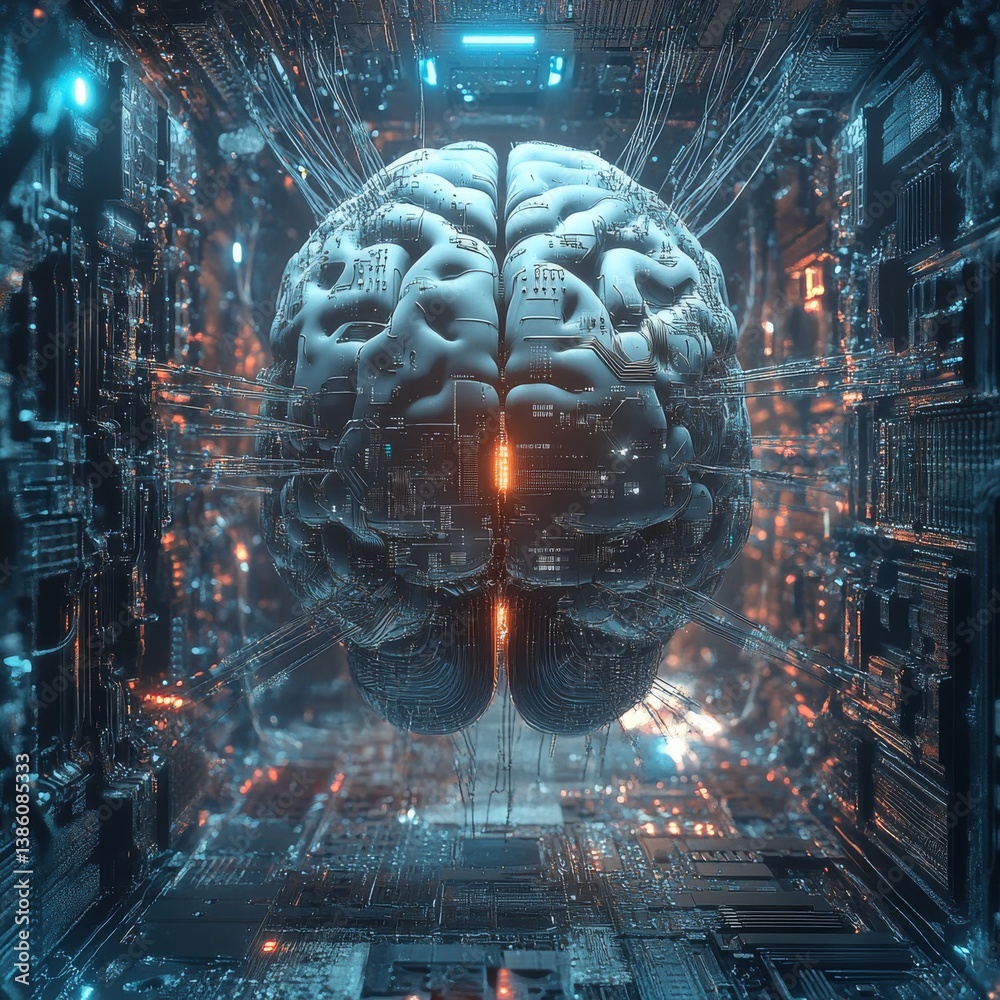 Poster ai brainscape: neural network connections and technological interface in a futuristic architecture.