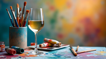 Creative art studio scene with paint brushes, colorful palette, and wine glass for relaxing artistic vibes, perfect for painting class, art therapy, workshops, hobbies, lifestyle and decor concepts.