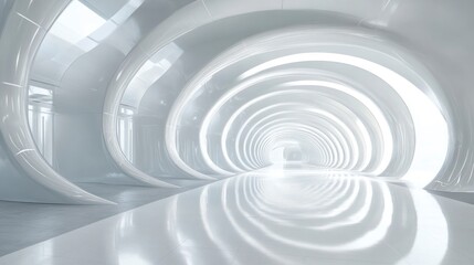 Obraz premium Abstract Hallway with White Curved Walls and Shiny Reflective Floor