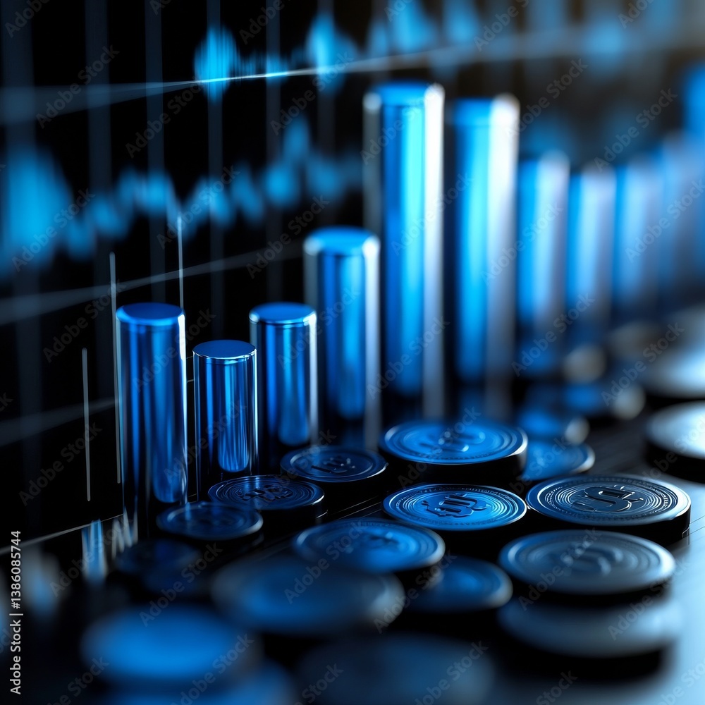 Aufkleber Cryptocurrency and Finance: Abstract Digital Graph with Coins, Data Analysis and Investment in Blue Tones
