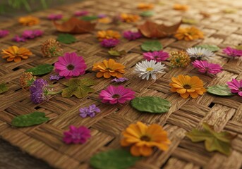 Fototapeta premium Handwoven Mat Covered in Flowers and Naturally Fallen Leaves
