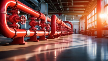 row of red industrial pipes with valves is illuminated by warm sunlight in spacious facility reflecting on shiny floor scene conveys sense of precision and functionality