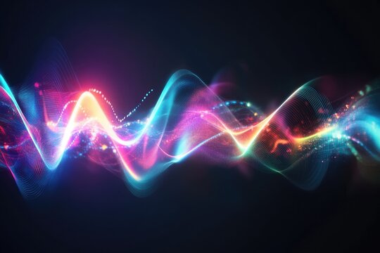 vibrant digital music abstract design showcasing colorful soundwaves in motion on dark background with ample copy space