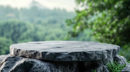 Obraz premium Stone Podium Display on Rock Formation with Green Forest Background