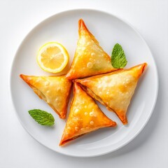 Golden Crispy Samosas Served with Lemon and Mint on a White Plate: An Appetizing Delight.