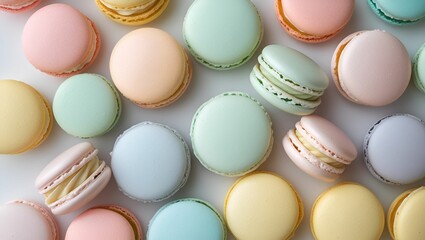 Obraz premium A pastel macaron flatlay masterpiece captured with stunning clarity and soft studio light, perfect for dessert lovers and bakery branding.