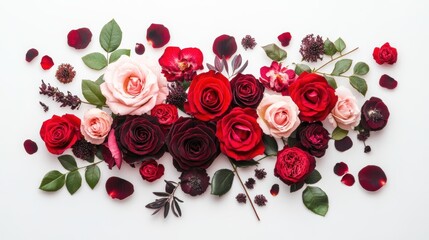 A bird is eye view of a beautiful bunch of fresh cut roses with deep red and soft pink petals, on a white background