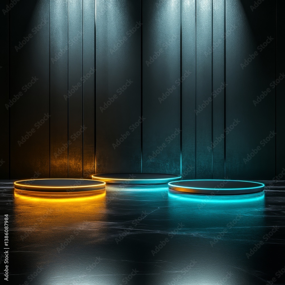 Poster neon lit presentation: a trio of illuminated podiums against a dark metallic backdrop for modern pro