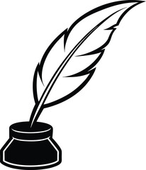 Inkwell And Quill Pen Icon in Black Outline isolated on a Transparent Backdrop