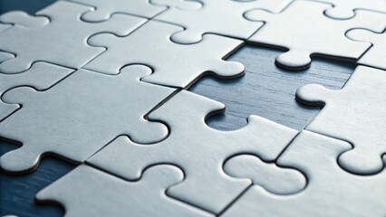 Close-up of interlocking puzzle pieces with one missing, suggesting a quest for completion and resolution.