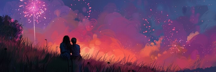 Fototapeta premium Couple Watching Fireworks at Sunset - Silhouette of a couple sitting in a field, watching a vibrant fireworks display against a colorful sunset sky