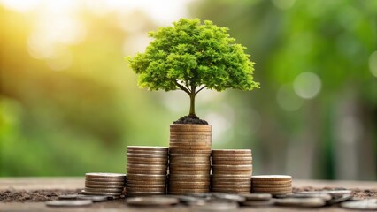 A vibrant green tree sprouts from a stack of coins, symbolizing growth, prosperity, and the connection between nature and finance.