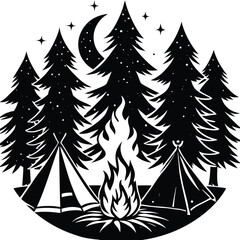 Obraz premium Night Pine Trees with Tent, Fire Camp, Crescent Moon and Stars in Black Silhouette