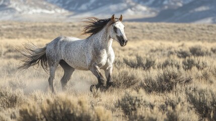 Fototapeta premium Gray Dapple Horse Running Through Grassy Field with Mountains in Background