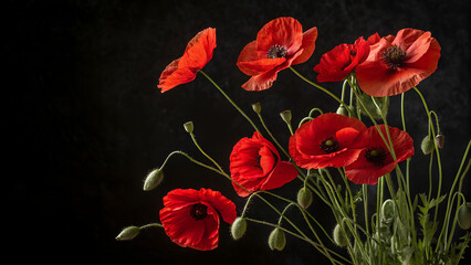 Elegant red poppy bouquet on dark background used in Canada Day commemorations perfect for patriotic tributes and national remembrance visuals
