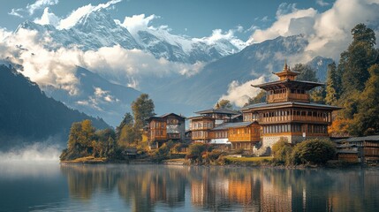 Fototapeta premium Serene Mountain Lake Temple: A Breathtaking Panorama