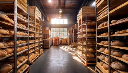 Obraz premium industrial bakery interior with stacks of freshly baked bread on pallets