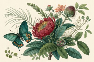 Fototapeta premium Exquisite Botanical Illustration Featuring a Vibrant Protea Flower and a Teal Butterfly