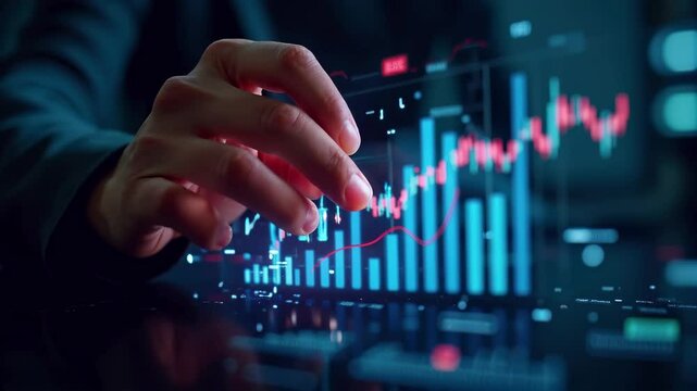 Hand touching interactive financial chart with candlestick pattern and uptrend line on digital display. Trader analyzing market data on futuristic dashboard with glowing graphs. Investment analysis