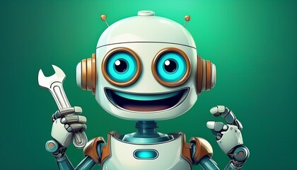 friendly robot with large eyes holds wrench against green background showcasing playful and mechanical theme