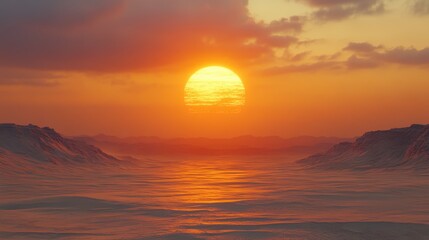 A beautiful sunset over a vast desert with golden sand dunes and a brilliant orange sky.