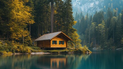 Obraz premium Secluded Wooden Cabin by a Serene Lake in the Alps