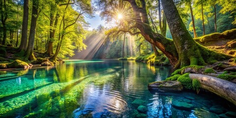 Sun-dappled Swimming Hole with Ancient Tree Trunk