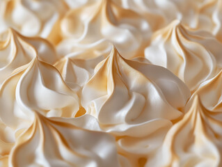 Artisan meringue captured in a light-filled close-up. Delicate textures, golden sheen, and cloud-like swirls highlight its handcrafted beauty and gourmet appeal.