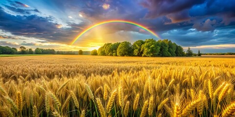Obraz premium Sun-Drenched Wheat Field with Rainbow - Stunning Bokeh Landscape Photography