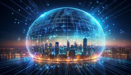 global network dome over illuminated cityscape at night tech concept