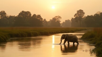 Majestic Elephant at Sunset in a Serene River