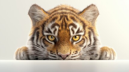 Intense gaze, majestic tiger observes surroundings from white surface wildlife photography