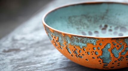A close-up of a handmade pottery bowl with a unique glaze and textured finish.