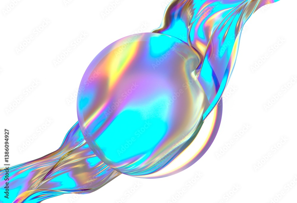 Aufkleber Iridescent sphere wrapped in a colorful, flowing ribbon on a white background. This elegant 3D illustration features smooth textures, exuding a futuristic and dynamic vibe.