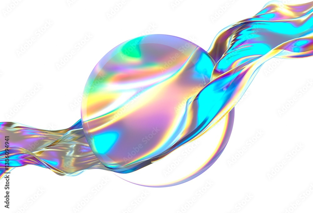 Aufkleber iridescent sphere wrapped in a colorful, flowing ribbon on a white background. this elegant 3d illus