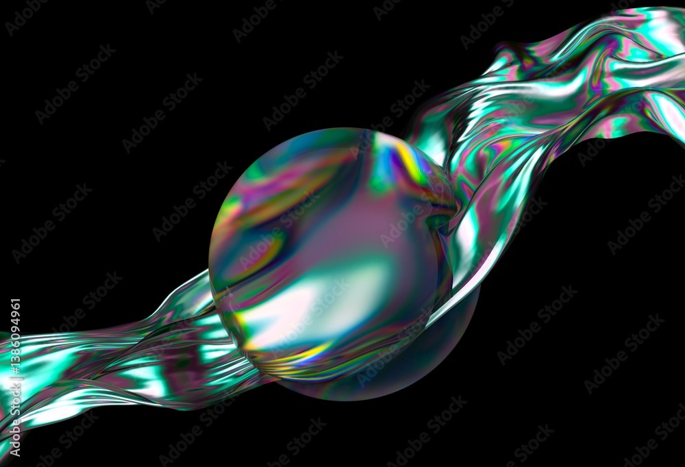 Fototapete Vibrant, iridescent sphere is enveloped by a flowing, colorful ribbon on a dark background. Dynamic and futuristic 3D illustration showcasing smooth textures and luminous effects.