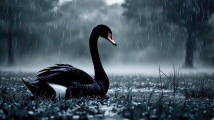 Obraz premium A black swan is standing in a wet field
