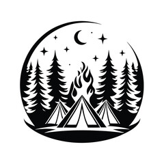Obraz premium Camp Tents Pine Trees Silhouette With Fire & Moon