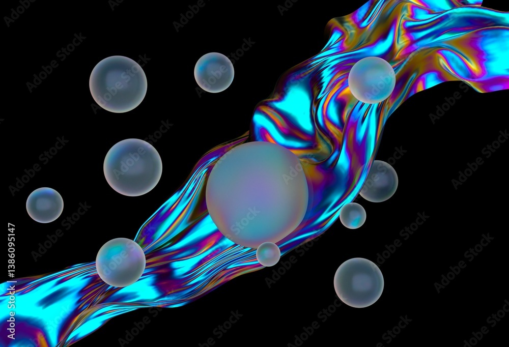 Aufkleber glowing spheres float around a vibrant, iridescent wave against a black background, creating a dynam