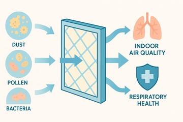 Illustration showing how air filters improve indoor air quality by removing dust, pollen, and bacteria, supporting respiratory health.