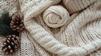 A flat-lay of a cozy, knitted blanket with soft, woven patterns, creating a warm, inviting atmosphere