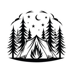 Obraz premium Camp Tents Pine Trees Silhouette With Fire & Moon