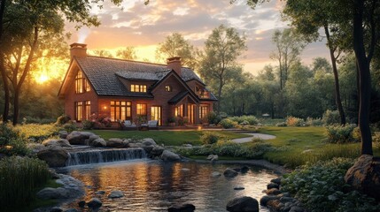 Obraz premium Sunset Dream House: Lakeside Serenity at Golden Hour