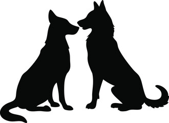 Black silhouettes of a dog friendly love on a white background