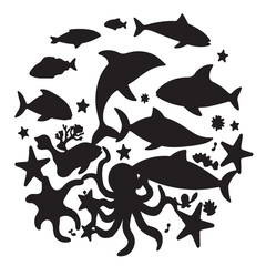 A vector illustration featuring silhouettes of various sea animals.