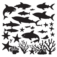 A vector illustration featuring silhouettes of various sea animals.